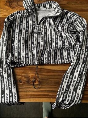 adidas Black and White Logo Stripe Track Jacket trefoil logo